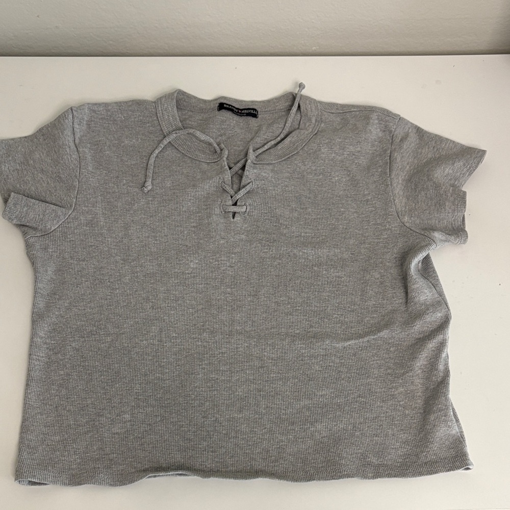 Brandy Melville Gray Lace-Up Short Sleeve Top